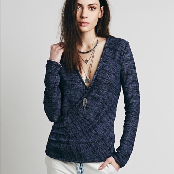 Free People Sweaters - Free People Gotham Faux Wrap Long Sleeve Sweater Size Small Navy